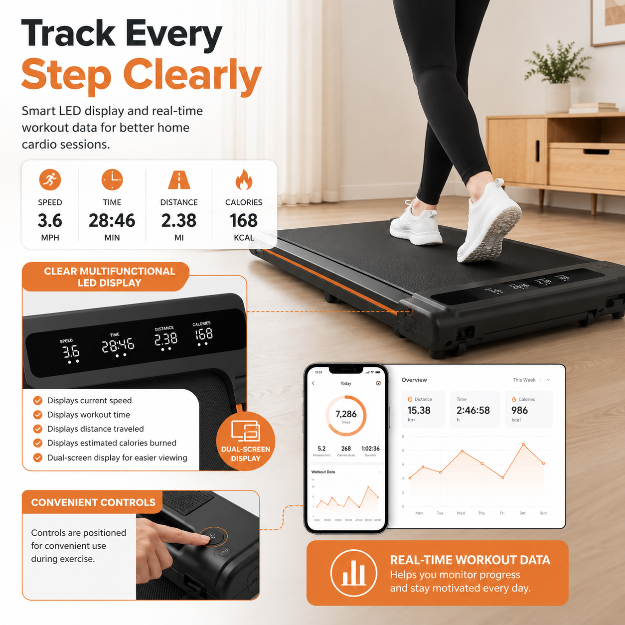 Wide running area of the Koora MotionRise walking treadmill