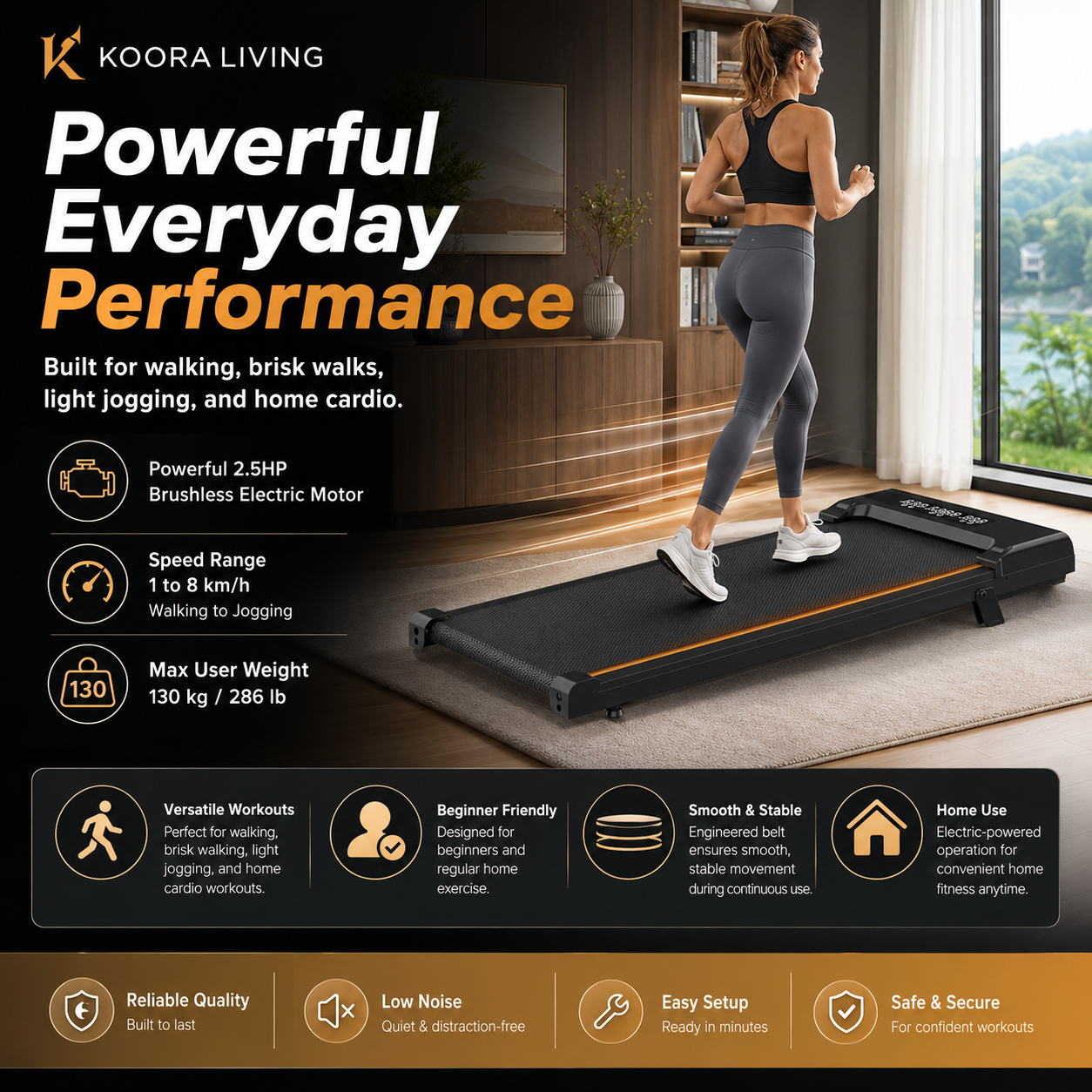 Image Koora Living 9% Incline Walking Pad Treadmill with App, LED Display & Quiet 2.5HP Motor – 286 lb Capacity - Image 1