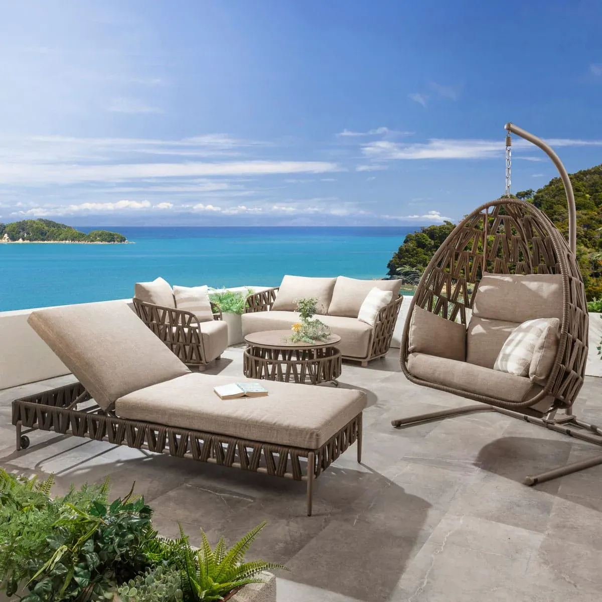 Complete Solara patio set with lounger, seating, table, and egg chair